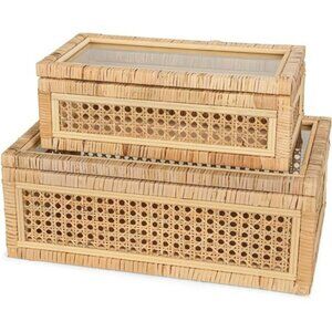 Boho Rattan Display Storage Boxes Set Decorative Organizer with Glass Lids